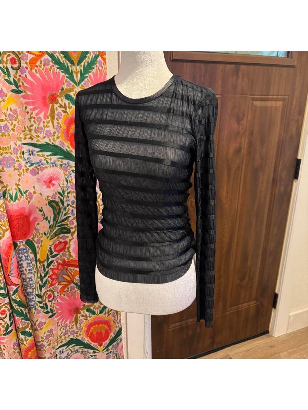 Lanston Sport Black Sheer LongSleeve Top Buttersoft SMALL